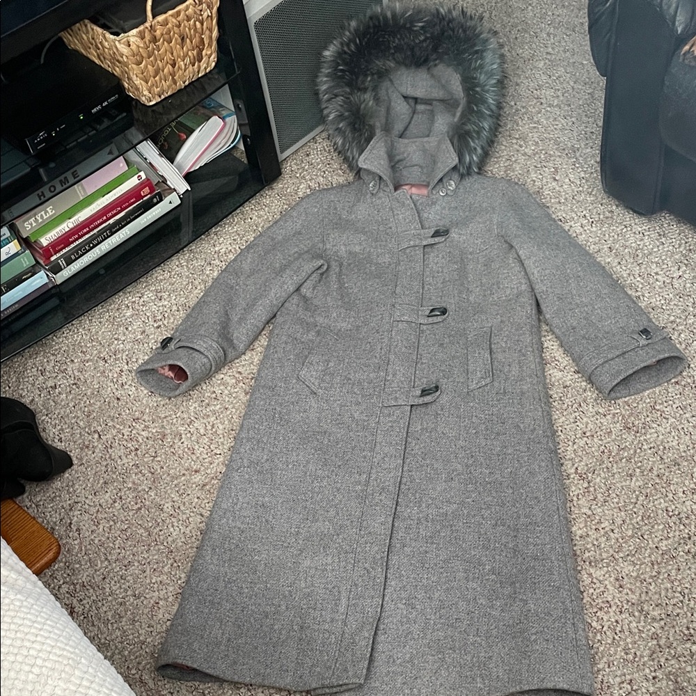 Vintage long Gray wool Coat with real fox Fur trimmed removable Hood- like new